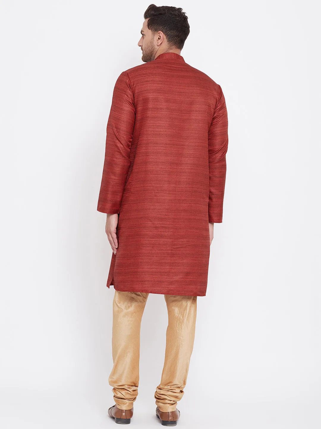 VASTRAMAY Men's Maroon Rose Gold Kurta Pyjama