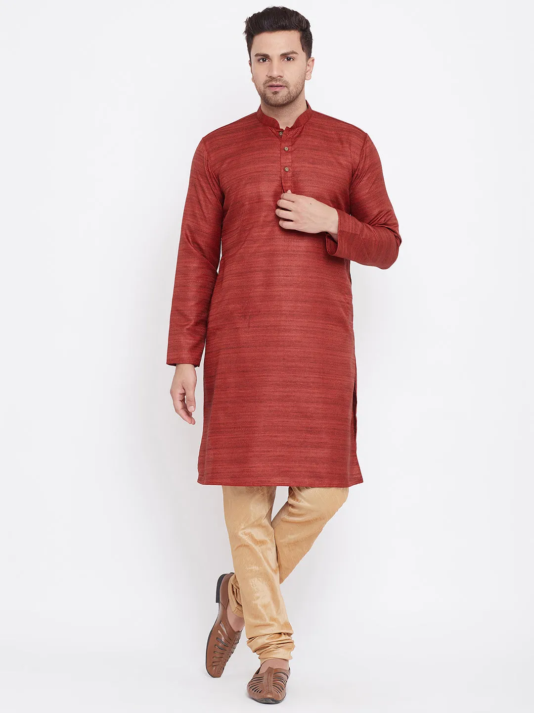 VASTRAMAY Men's Maroon Rose Gold Kurta Pyjama