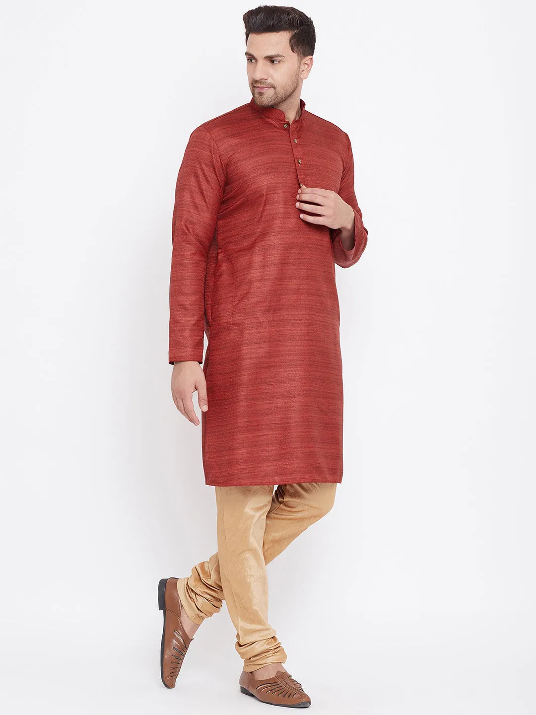 VASTRAMAY Men's Maroon Rose Gold Kurta Pyjama