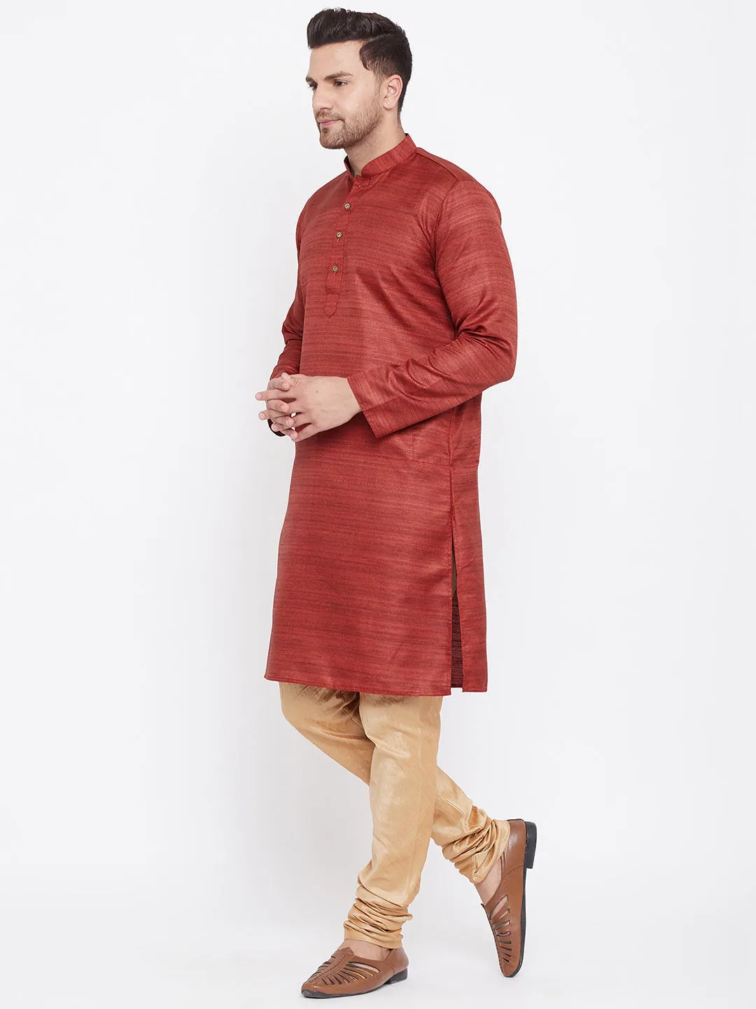 VASTRAMAY Men's Maroon Rose Gold Kurta Pyjama