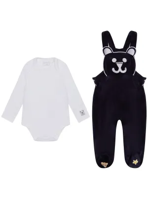 White Bodysuit and Bear Overall Set