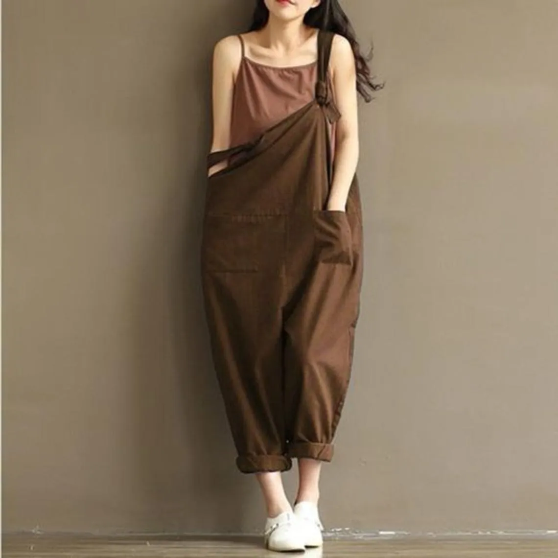 Womens Loose Fitting Minimalist Elegant Cotton Overalls With Pocket