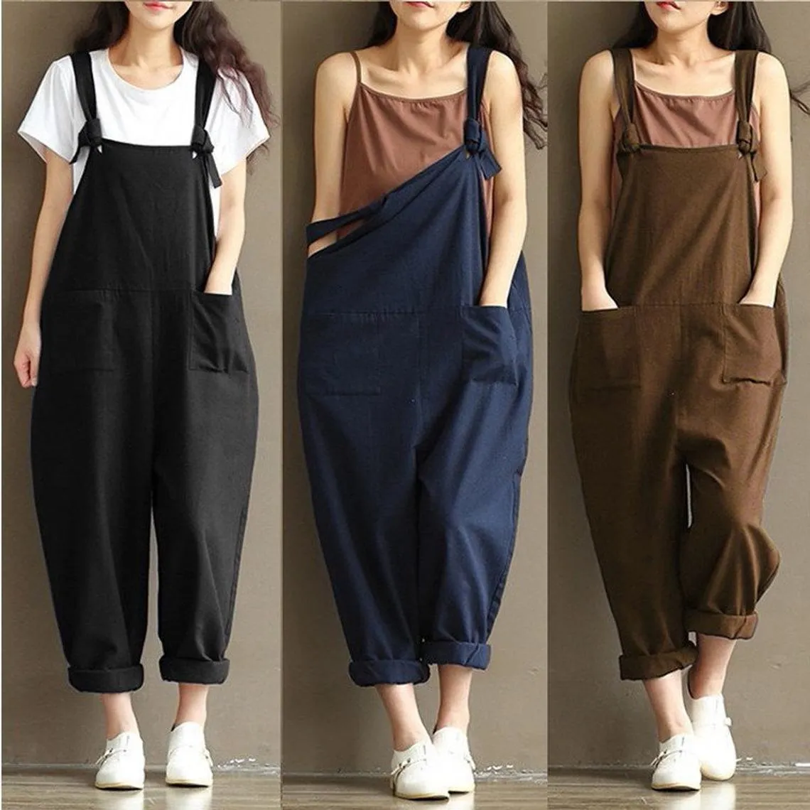 Womens Loose Fitting Minimalist Elegant Cotton Overalls With Pocket