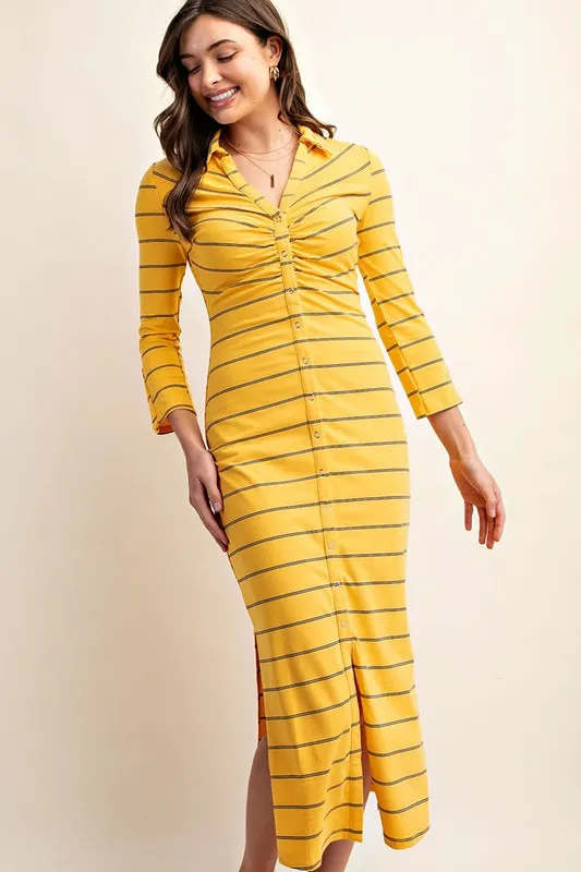 Yellow Fitted Long Sleeve Button Down Midi Dress