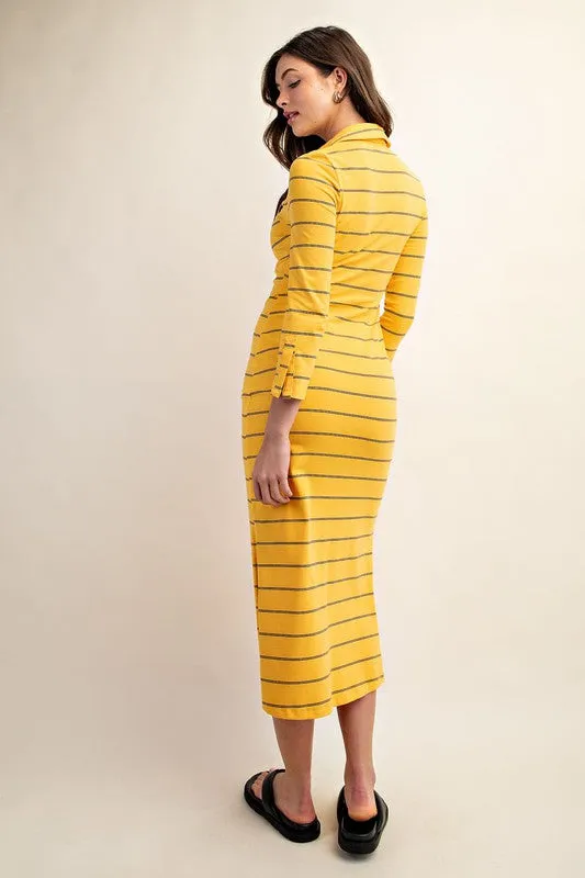 Yellow Fitted Long Sleeve Button Down Midi Dress