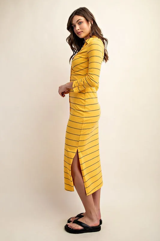 Yellow Fitted Long Sleeve Button Down Midi Dress