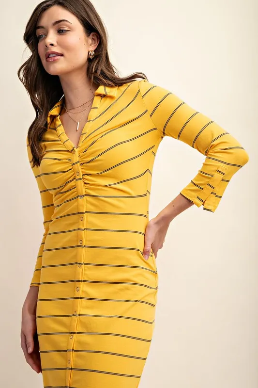 Yellow Fitted Long Sleeve Button Down Midi Dress