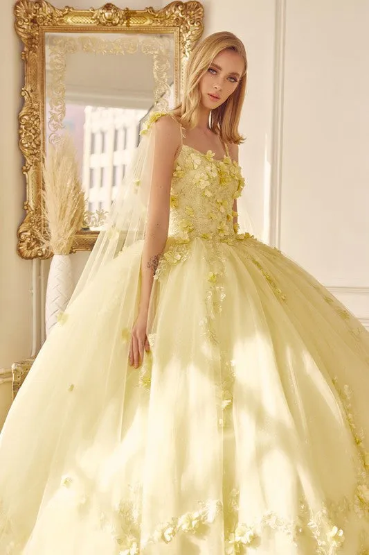 Yellow Long Tulle Cape With 3d Flowers Applique Quinceane