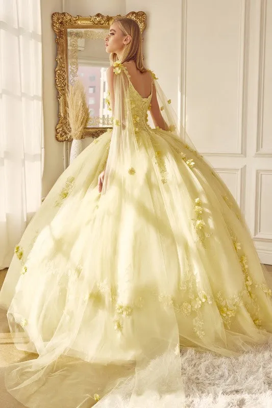 Yellow Long Tulle Cape With 3d Flowers Applique Quinceane