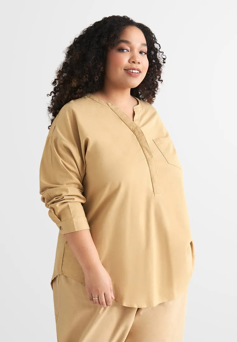 Zeah Linen Stand Collar Top - Khaki