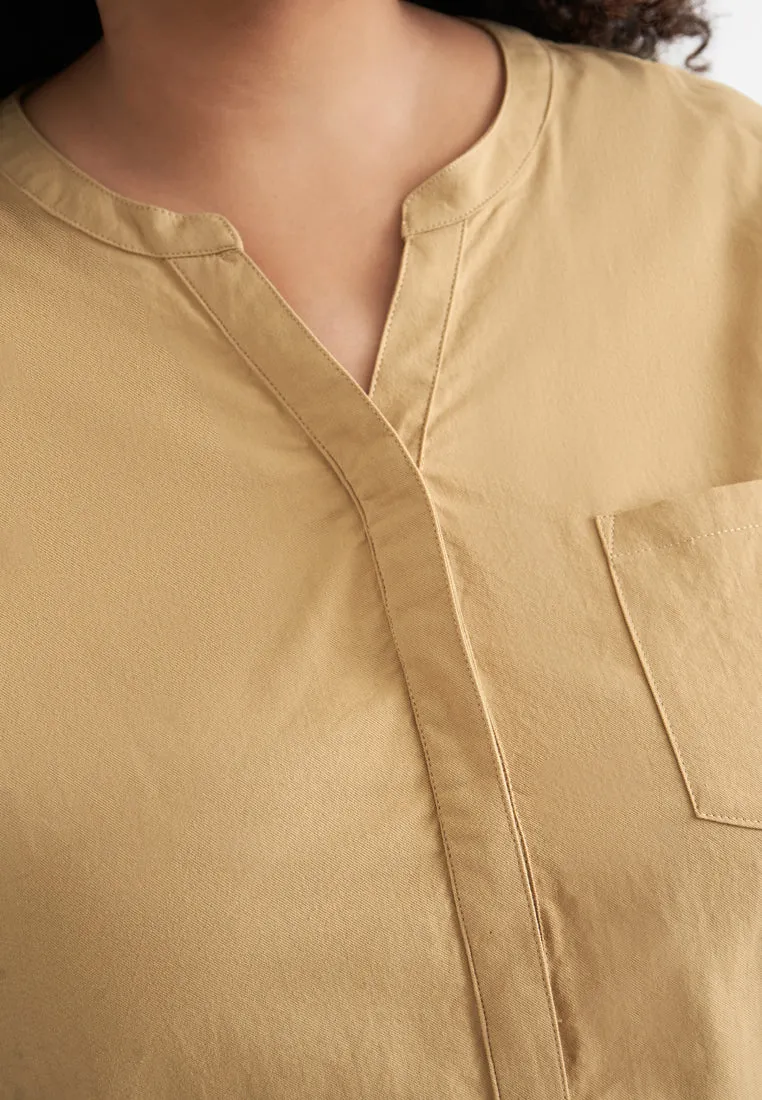 Zeah Linen Stand Collar Top - Khaki